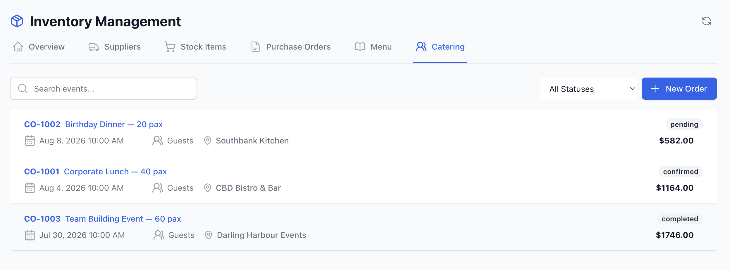 Catering order with stock forecast and upcoming-order reminders.