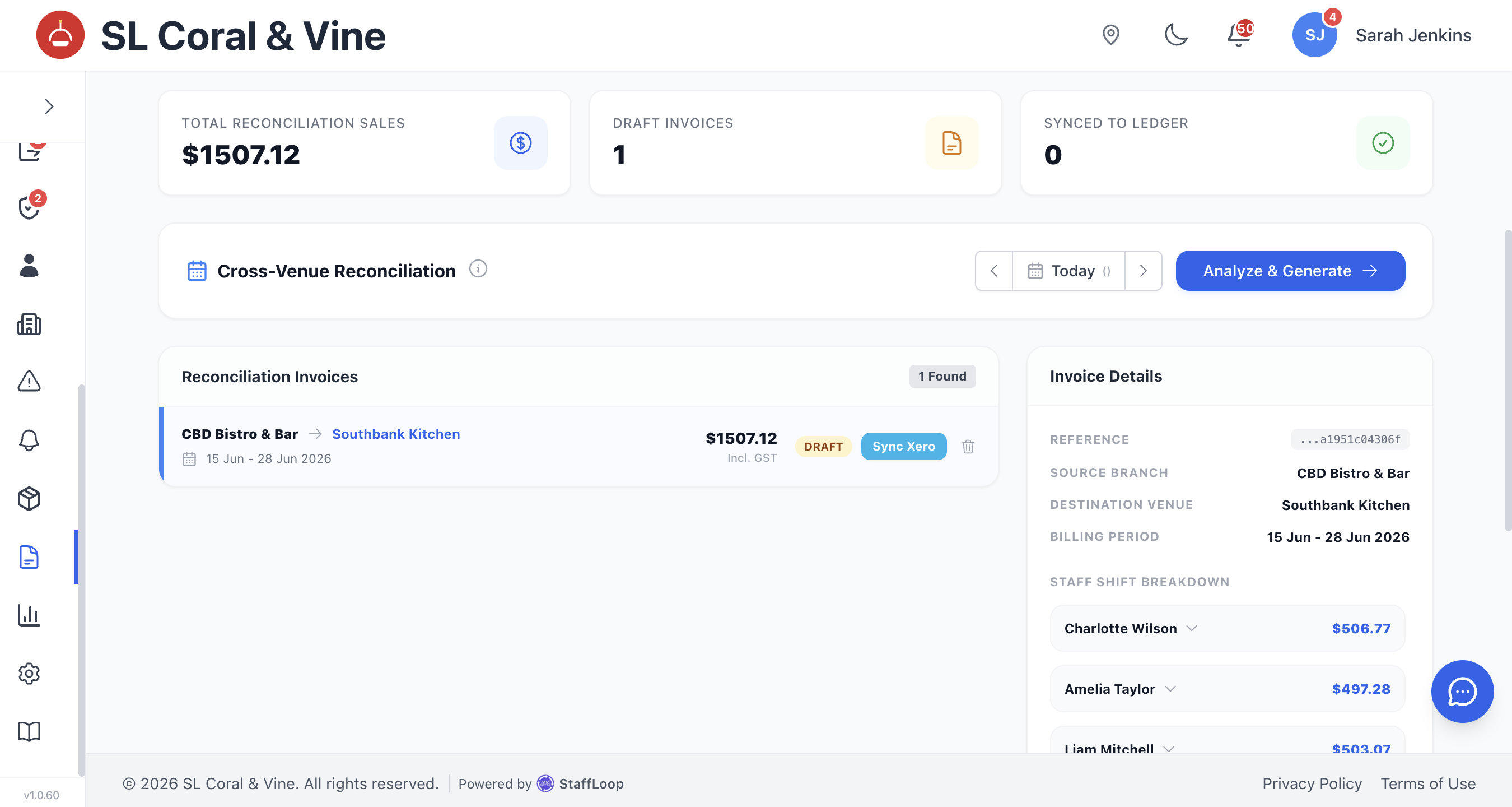 Cross-venue reconciliation summary with generated inter-venue invoices.
