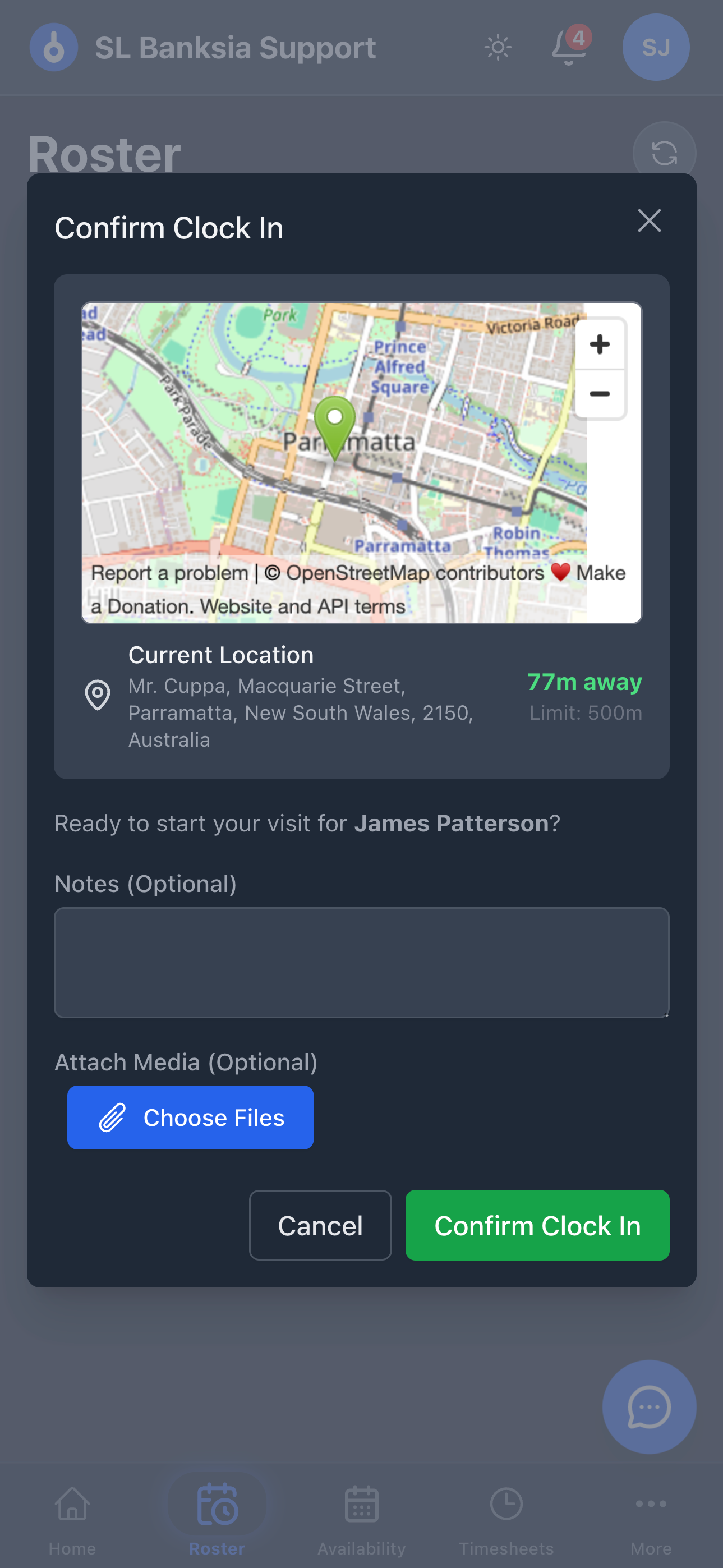 Mobile clock-in screen with the on-site geofence confirmation and map.