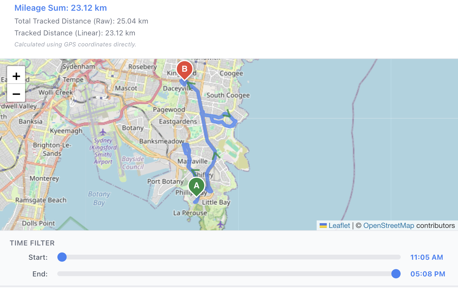 Live operations map with staff positions and road-matched travel paths for mileage.